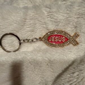 Gold Rhinestone Jesus Fish Keychain with Red Enamel